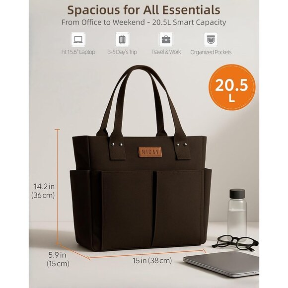 Women Black Large Utility Premium Canvas Tote Bags with Pockets Zip Top - Picture 4 of 8